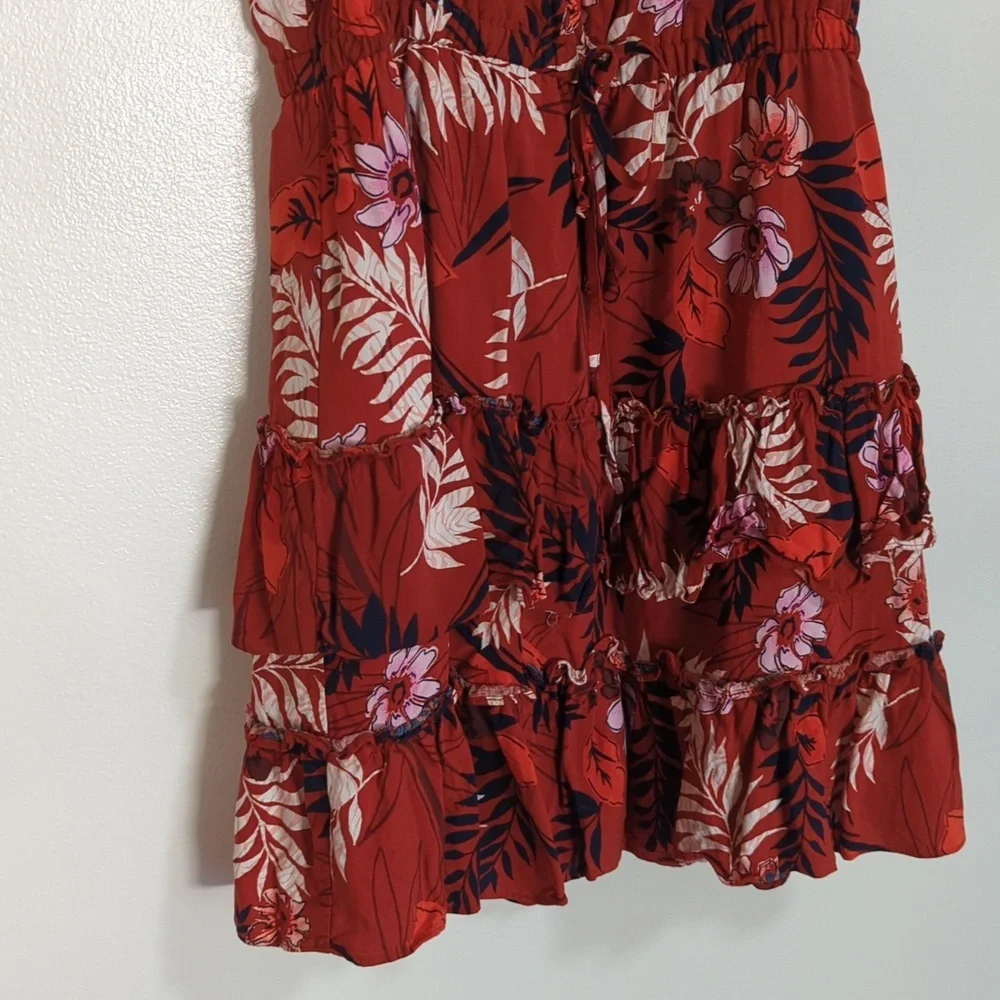 Bar III Orange/Red Floral Tiered Ruffle Sleeveless Dress Size‎ Large